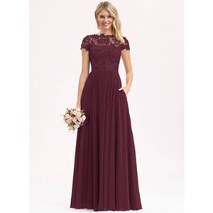 JJ'S House - Burgundy A-line Scoop Floor-Length Chiffon Lace Bridesmaid Dress